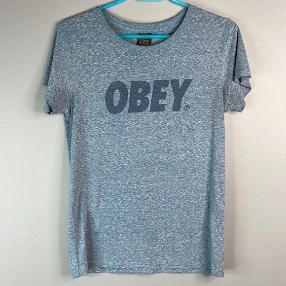 OBEY Graphic Logo Crewneck T-Shirt Heather Blue Short Sleeve USA Baddie Size M - Picture 10 of 10